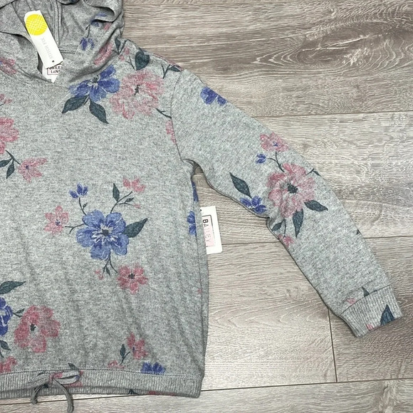 NWT Bailey Lane Crop Tie Front Brushed Pullover Light Grey Floral Hoodie L - Picture 5 of 16